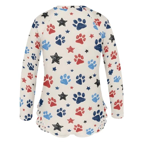 ALAZA Dog Paw Print Star Blue Red Girls One Piece Swimsuit Long Sleeve Rashguard Swimsuit UV 50+ Swimwear Zip3