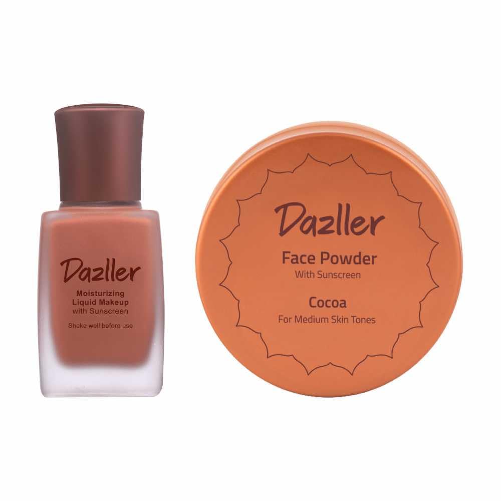 Dazller Face Combi Pack (Cocoa) : Moisturizing Liquid Makeup, 27mL + Face Powder, 30g, Lightweight, Added Sunscreen, Skin-Friendly Ingredients, Paraben-Free, Vegan, Cruelty-free