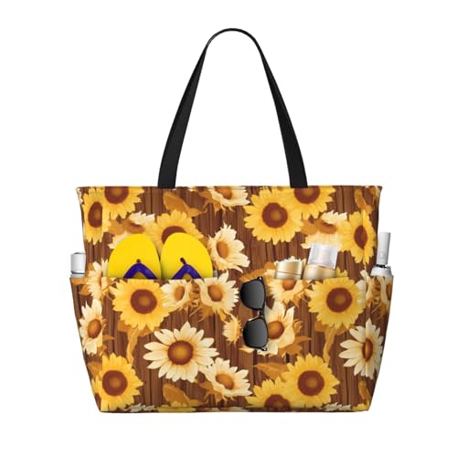 Waterproof Sandproof Beach Bag Brown Wood Grain Sunflower B Swim Large Tote Pool Bag For Women With Zipper