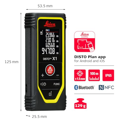 Image of Leica Disto X1 - Range 330 ft, Bluetooth 4.2 and NFC Data Transfer, add and Subtract, Volume, 4-line Display, IP 65 dust and waterjet Protection and 6 ft Drop Tested, Hand Loop, Pouch.