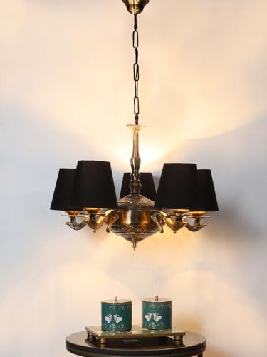 Image of Devansh 05 Lights conical Black Cotton Shade with Antique Golden Chandelier