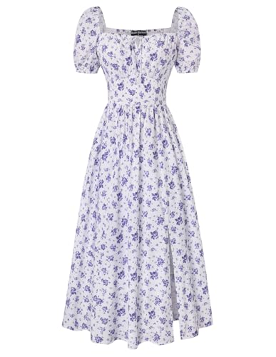 Image of Scarlet Darkness Summer Spring Split Floral Corset Midi Dress with Pockets | Floral dress with elastic sleeves, tie square neck, smocked back, 3 boned waist, left zip, side pockets, front thigh slit