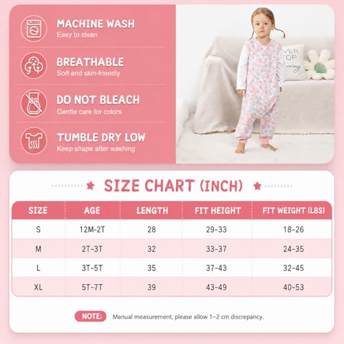 Image of WONDAY Toddler Sleep Sack with Feet, 0.5 Tog Sleeping Sacks for Walking with Legs 12-18 Months 2T 3T 4T 5T (Rose, 12-24 Months)