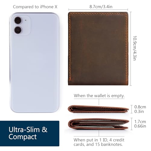 Men's Slim Front Pocket Bifold Wallets Full Grain Leather RFID Blocking with ID Window & Gift Box, Simple Design Minimalist Picture Holder for Men (Coffee)2