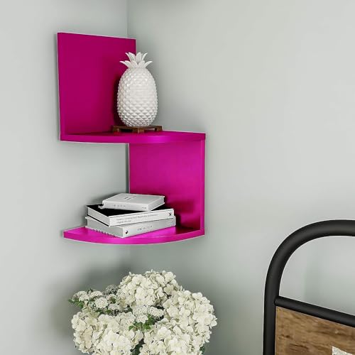 Image of Wall Mount Corner Shelves with Two Tiers for Wall Decoration and Storage Organiser Rack for Living Room, Bedroom, and Office Decor - Made of Wood (Pink)