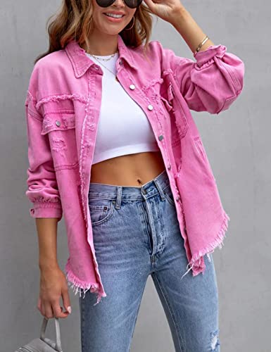 Puwei Ripped Fringe Jean Jacket Women Distressed Washed Button Down Frayed Denim Shacket With Pocket(2536-Pink-M) #TOP2
