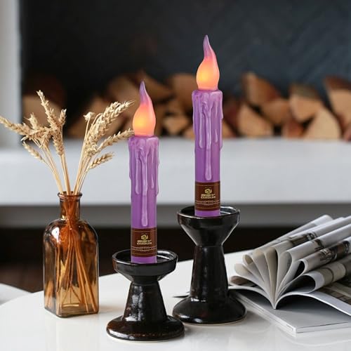 Image of Purple Flameless Short Taper Candles, Real Wax Hand Dipped LED Battery Operated with Remote, Flickering Flame Lights for Festival Party Home Decor, 6.7 Inch Primitive Flameless Candles, 2PCS