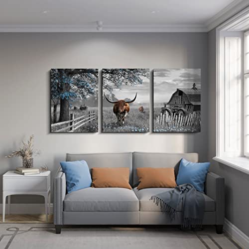 Yiijeah Large Wall Art Brown Cow Wall Decor Blue Tree Pictures Farmhouse Wall Decorations For Living Room Rustic Wall Decor For Master Bedroom Wall Decor Above Bed Wall Decor Wall Art 16X24Inchesx3 #TOP2