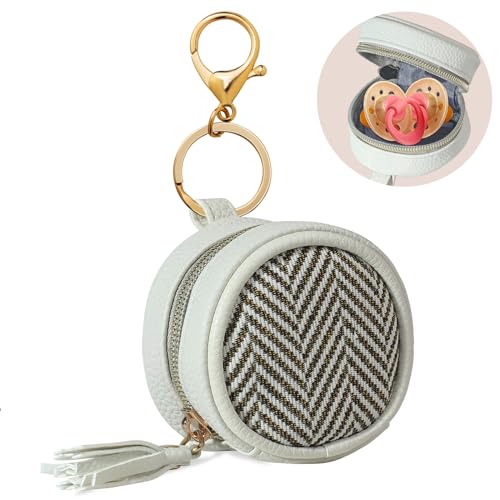 Image of Smlpuame Pacifier Holder Case with Clip,PU Leather Pacifier Charm pod with Clasp for Diaper Bag or Purse,Pacifier Pouch Hold 2 Pacifiers,Nipple Shield Case,Outdoor Travel Accessories(White)