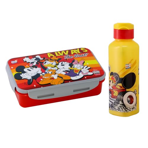 Image of SKi Homeware Lock & Seal Disney Lunch Box + Water Bottle Combo, for School Kids, a Gift for Girls and Boys with Attractive Character Prints and Vibrant Colours (Mickey)