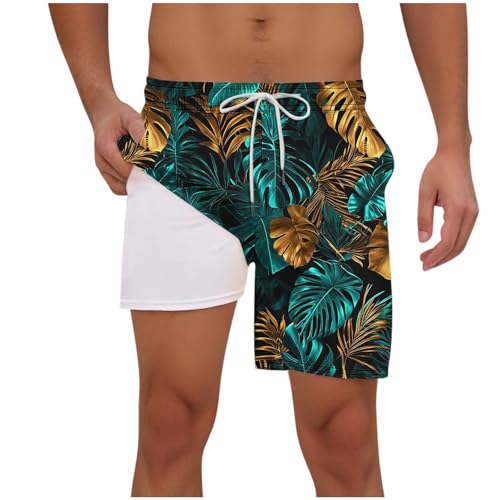 NATHGAM Men's Hawaiian Shorts with Compression Liner 2 in 1 Swim Trunks Lightweight Trendy Summer Beach Board Shorts for Men