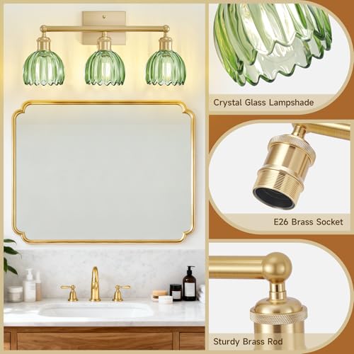 Image of Bathroom Light Fixtures Over Mirror,3 Light Vintage Bathroom Vanity Lights,20 in Brushed Brass Antique Vanity Light with Green Tulip Glass Shade for Bedroom, Living Room, Foyer,E26 Base