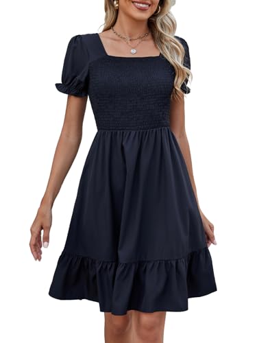 Image of Lyrur Women's Short Sleeve Summer Dresses 2026 Spring Casual Square Neck Easter Dress A-Line Tiered Sundress with Pockets