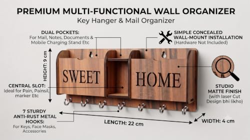 Image of Wall Mount Key Holder & Mail Organizer | Laser-Cut Key Hanger with 7 Metal Hooks, Letter Rack & Pen Stand | Wooden Wall Decor for Entryway, Living Room, Home & Office (Sweet Home)