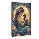 WOPIYNAG Kunstdruck auf Leinwand, Motiv: Mondgöttin, schwarze Katze, Jugendstil-Poster, Schlafzimmer, Dekoration, Landschaftsdekoration, Geschenk, 40 x 60 cm