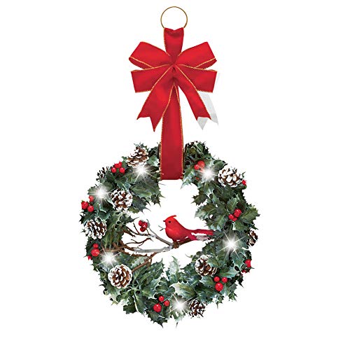 Collections Etc Lighted Holly Christmas Wreath w/Cardinal