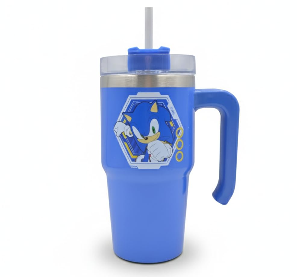 Sonic The Hedgehog 600ml Stainless Steel Travel Mug with Handle & Straw | Official SEGA Reusable Hot & Cold Drinks Bottle, Blue