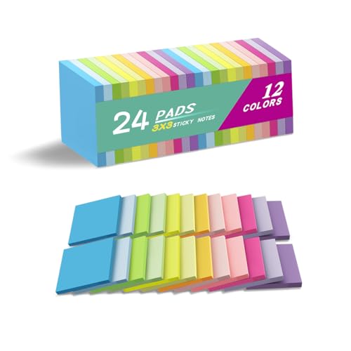 (24 Pads) Sticky Notes 3x3 Inches,Bright Colors Self-Stick Pads, Easy to Post for Home, Office, Notebook
