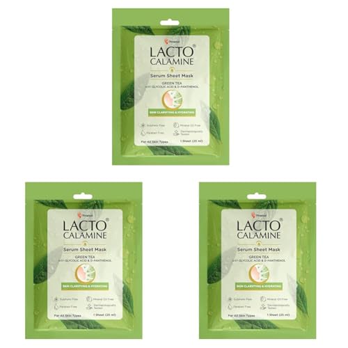 Image of Lacto Calamine Green Tea Face Sheet Mask |Instant Hydration |Glycolic Acid & D-Panthenol| 25 ml (Pack of 3)