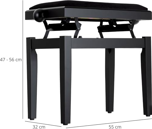 Classic Cantabile Pianobank Schwarz-matt - Höhenverstellbar von 47-56cm - Klavierhocker mit Spindelmechanik - Klavierbank Sitzfläche 55 x 32cm - Schwarzer Klavierstuhl mit Velourbezug, stabil