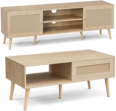 ZttRiee Coffee Table & Rattan-Door TV Stand Set, Entertainment Center for TVs up to 65, Dining Table with Sliding Panel for Living Room, Natural