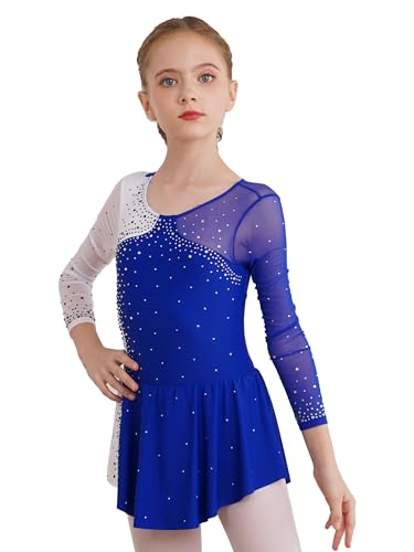 Jhaoyu Vestido de ballet para niña, vestido de patinaje artístico, vestido de pedrería, vestido de manga larga, patchwork, maillot de ballet, vestido de baile con falda de gasa, 5-16 años, azul
