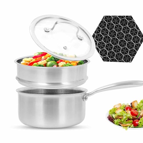 Image of AUDANNE Sauce Pan with Steamer, 2 Quart Hybrid Honeycomb Stainless Steel Saucepan with Lid, Dishwasher and Oven Friendly, Compatible with All Cooktops, 2 Qt Small Multipurpose Sauce Pot