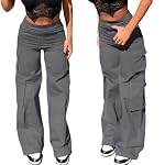 Nuofengkudu Cargohose Damen Weite Hosen Stretch High Waist Cargo Taschen Bootcut Schlaghose Damenhosen mit Gummizug Y2K Teenager Mädchen Arbeitshosen Outdoor – Bild 2