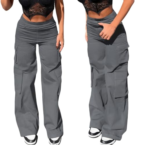 Nuofengkudu Cargohose Damen Weite Hosen Stretch High Waist Cargo Taschen Bootcut Schlaghose Damenhosen mit Gummizug Y2K Teenager Mädchen Arbeitshosen Outdoor – Bild 3