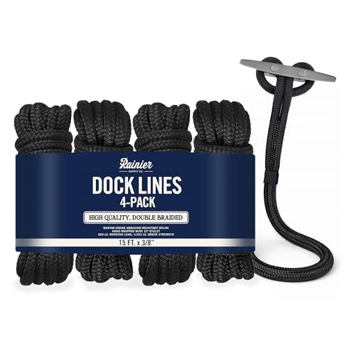 RainierSupplyCo Dock Lines 4-Pack - Boat Rope for Docking with Loop - 15 ft x 3/8 Inch Premium Double Braided Nylon Marine Rope - Mooring Line with 12" Eyelet - Boat Accessories - Black