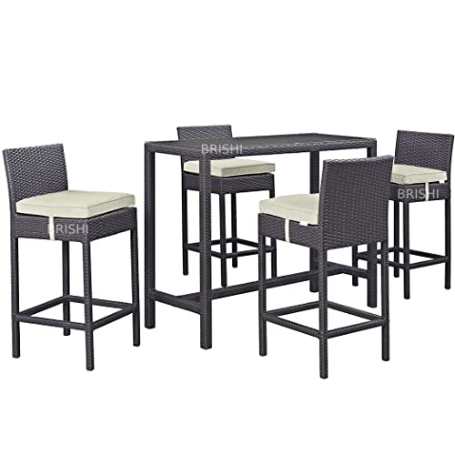 Image of BRISHI Outdoor Bar Set Garden Patio Bar Set 1+4 4-Chairs and 1- Table Set Balcony Bar Table with Stool Set (Brown)