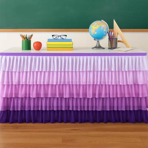 Teacher Desk Skirt 6ft x 30in – Ruffle Table Skirt for Classroom, 100D Chiffon Fabric Back to School Desk Curtain Fabric, Teacher Table Decoration(Purple Ombre)