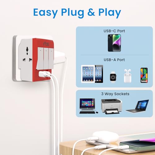 Image of rts 3 Pin 3 Way Universal Multiplug Travel Adaptor with Type C PD & USB Ports Individual Switch LED Indicator Compatible with Home /Office /Industrial Use /Laptop /Desktop /Mobile /Printer Red