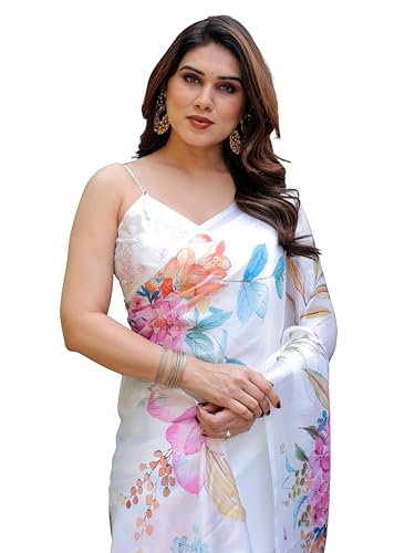 Image of ALMAARI FASHION Women's Floral Printed Georgette Satin Saree with Unstitched Blouse Piece | Traditional Ethnic Wear Sarees | Soft Lightweight Ethnic Office Wear Daily Wear Indian Sari (SG 181-190 SH)