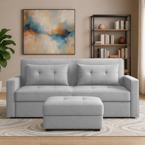 Image of Emilio 2-Seater Sofa Cum Bed for Living Room, Office & Home with Center Table | Premium Fabric Pull-Out Sofa Set with 1 Year Warranty | Space Saving Convertible Sleeper Sofa | Grey Colour