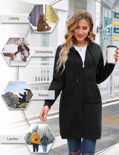 RITOSTA Damen Hoodie Fleecejacke Kapuzenjacke mit Zip Winterjacke Lang Sweatjacke Warme Plüschjacke Pullover Einfarbig Casual Mantel Winter Kapuzenpullover Mit Kapuze Reißverschluss