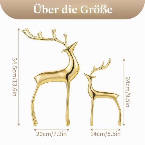 Sziqiqi Rentier Tier Figur Skulpturen Statuen Set von 2, Metall Hirsch Ornamente für Wohnkultur Akzente Wohnzimmer Schlafzimmer Büro Bookself Tischplatte Mantel Weihnachtsdekoration, Gold – Bild 5