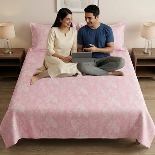 Image of Mafatlal 186 TC Metro Cotton Double Bed Bedsheet | 90x100 Inch|Soft, Breathable & Lightweight | Includes 2 Pillow Covers | Honey Pink 1