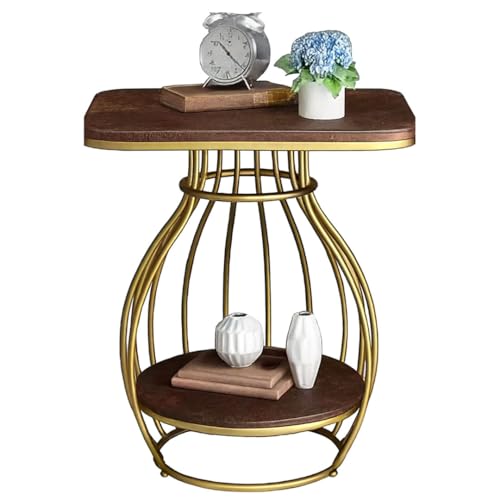 Image of Modern Side Table Corners Living Room Square Table Double Tier Sofa Side Table,Round Base Coffee Table,Portable Bedroom Nightstands Small Space (Gold Brown)