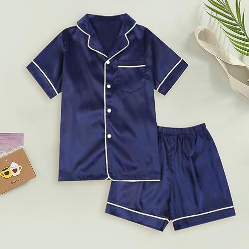 Toddler Kids 𝐏ajama Set 2PC Boys Girls Satin 𝐒𝐥eepwear | Silky Button-Down Shirts & Shorts, Summer 𝐏ajamas Outfits3