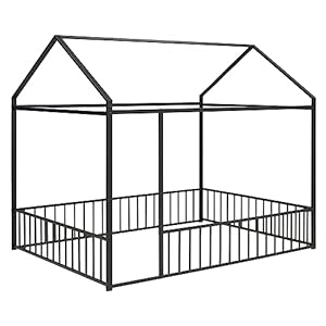 Merax Full Size Metal House Bed Frame with Fence for Kids,Teens,Girls,Boys,Cabin Floor Bed for Bedroom,Black Merax Full Size Metal House Bed Frame with Fence for KidsTeensGirlsBoysCabin Floor Bed for BedroomBlack