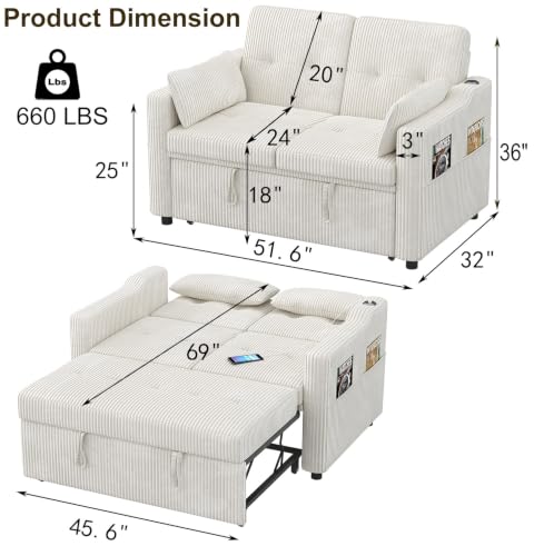 Image of 51.6 inch 3-in-1 Convertible Sleeper Sofa Bed, Pull Out Loveseat Couch with 5-Position Adjustable Backrest, USB & Type-C Ports, Side Storage Pockets, Corduroy Sofa Bed for Small Spaces