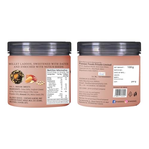Image of Roasty Tasty Millets & Dryfruits Ladoo Cocoa 200g (Pack of 2 100g each) - 20 counts of ladoo | No Added Sugar Sweets