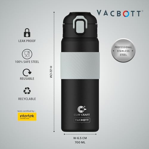 Image of Clay Craft VACBOTT Amber Double Walled 24 Hours Hot and Cold Water Bottle-700ML, 2-Piece(Black) Leak Proof|Easy to Carry|Gym Bottle|Home|Kitchen|Hiking|Travel Bottle|BIS Certified|Made in India
