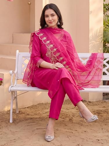 Image of INDO ERA Women's Silk Blend Embroidered Thread Work Kurta & Pant with Dupatta Set | Suit Set For Women