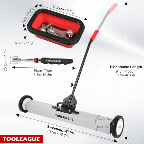 Image of TOOLEAGUE 36 inch Rolling Magnetic Sweeper with Wheels,Telescoping Adjustable Handle,55LBS Capacity Large Magnet Roller,Magnetic Foldable Tray, 25LBS Pickup Pen,3Pcs Magnet Sweeper Set