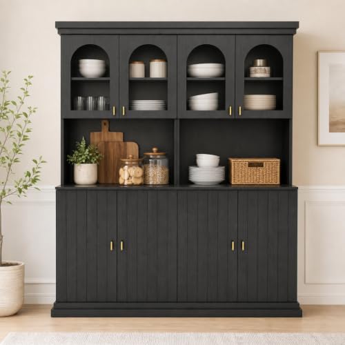 Image of ivaniti 71 inch Farmhouse Kitchen Pantry Cabinet Set of 2 with Arched Glass Doors, Black Freestanding Coffee Bar Hutch with Microwave Stand and Adjustable Shelves for Kitchen
