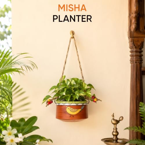 Image of AAKRITI ART CREATIONS Terracotta Hanging Planters | Handpainted, Floral Art, Sparrow Motif, Red Matte Finish | Outdoor & Indoor Home Decor Items | Room Decor Artifacts, Flower Pots for Living Room