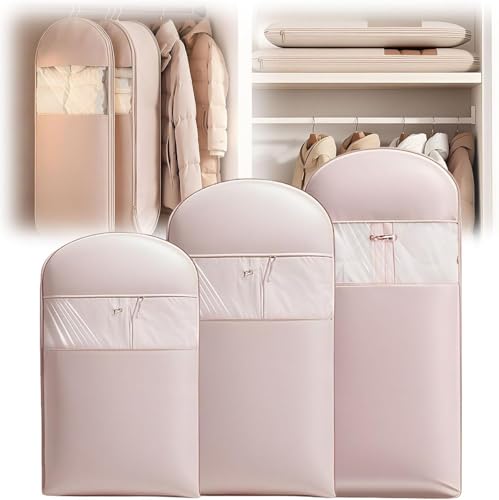 Self-Compression Zipper Hanging Garment Bag Set of 3 - Space Saver Dust Cover Clothes Bags for Down Coats