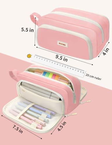 Image of SUNEE Large Pencil Case, Big Capacity Pen Pouch with 3 Compartments, Kawaii Cute Pencil Bag with Zipper, High Storage Stationery Holder and Organizer, School Supplies for Teen and Adult Girls, Pink